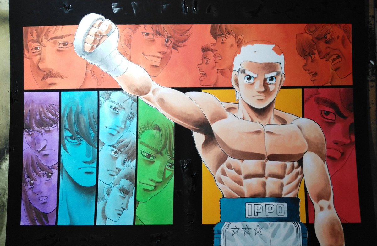 [カラー原稿のできるまで⑥]肌色(ジョンブリアン)の上に茶色(バーントシェンナ)で陰影を濃く→焦げ茶(バーントアンバー)でさらに濃く→バンデージ、トランクス、目の中の水色など→目の中のホワイトを入れてます。→ここまでで使用している塗料はは全てアクリルカラーです。→そして背景。