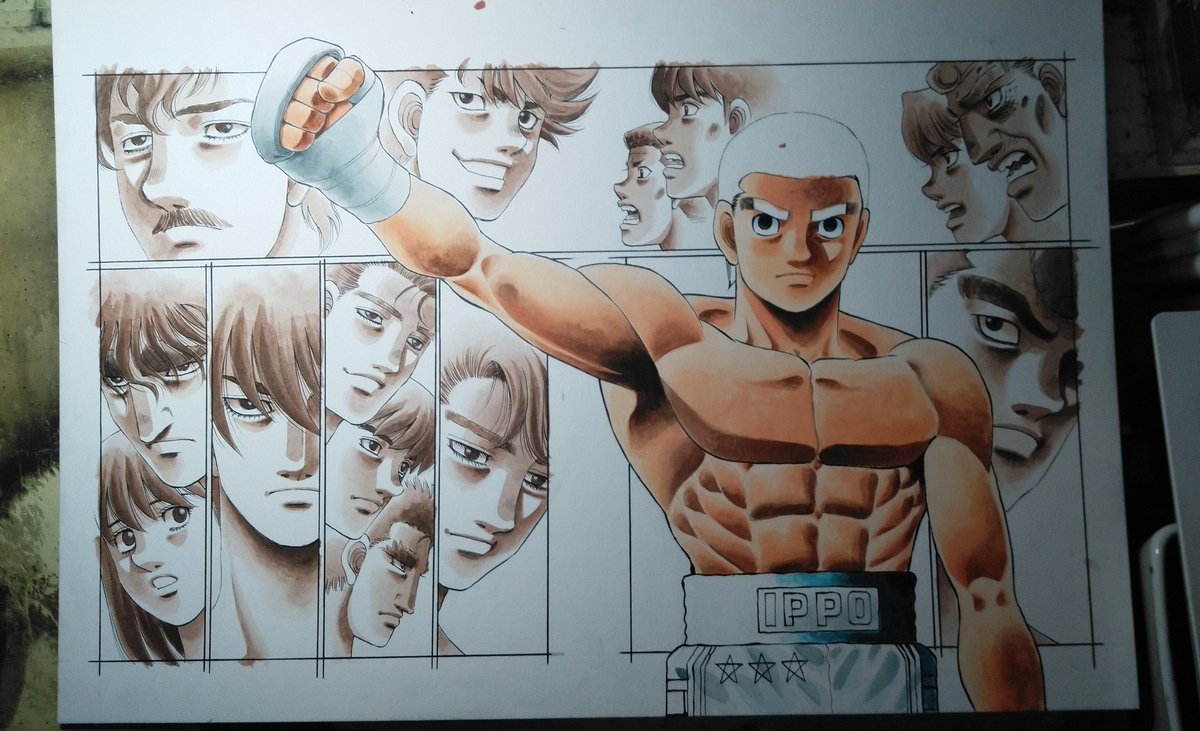 [カラー原稿のできるまで⑥]肌色(ジョンブリアン)の上に茶色(バーントシェンナ)で陰影を濃く→焦げ茶(バーントアンバー)でさらに濃く→バンデージ、トランクス、目の中の水色など→目の中のホワイトを入れてます。→ここまでで使用している塗料はは全てアクリルカラーです。→そして背景。