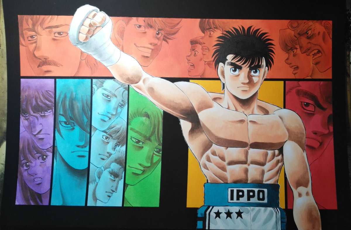 [カラー原稿のできるまで⑦]背景はカラーインクです。トランクスの広範囲の青もカラーインクです。発色がいいのとアクリルカラーの上に乗せても殺すことが少ないので採用しています。枠線外の黒はアクリルカラーです。一歩の周りにホワイトを入れてフキサチーフをスプレーして...