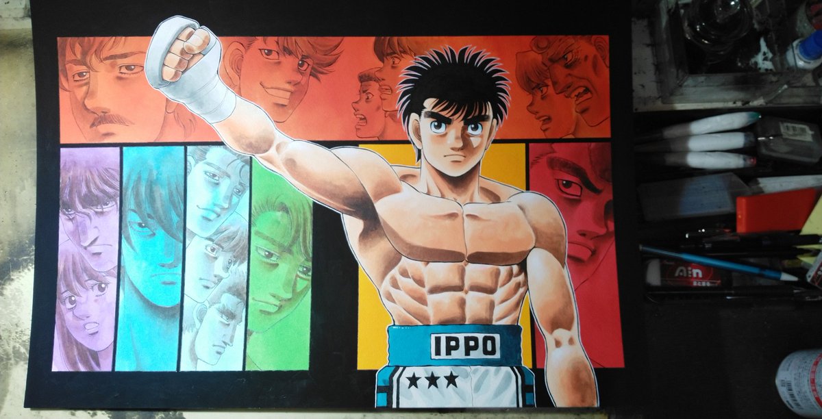 [カラー原稿のできるまで⑧]完成＼(^o^)／使用した塗料はアクリルカラーとカラーインクです。塗料はほとんど混ぜることがなく、チューブから出してそのままを水の加減で濃淡塗り分けます。　所要時間約12時間。本日発売、週刊少年マガジン巻頭です。皆様どうぞよろしくお願いします＼(^o^)／