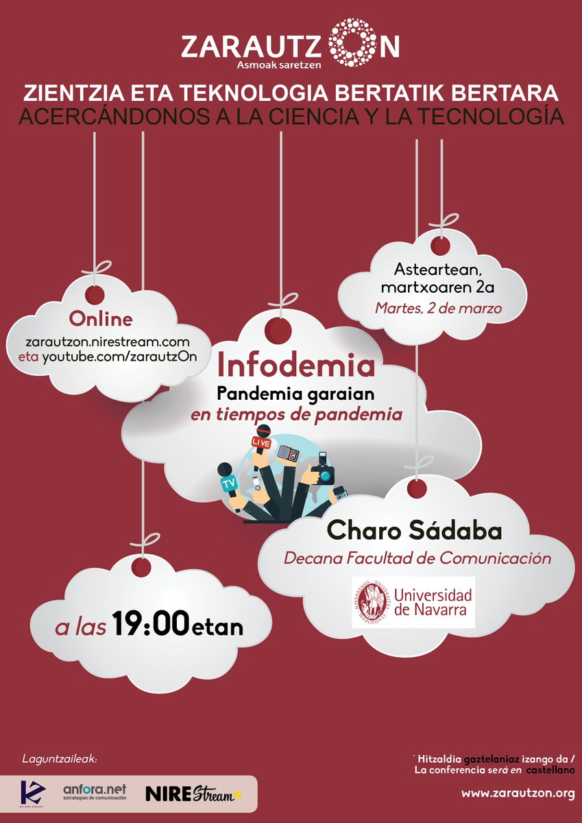 🎙️CONFERENCIA
#Infodemia en tiempos de #pandemia
<a href="/csadaba/">Charo Sádaba</a> <a href="/fcomunav/">fcomunav</a> 
Vemos cómo van evolucionando tanto los formatos y los modos de comunicar en los últimos meses y años: sobredosis de información, #fakenews, miedo y desconfianza, redes sociales y los likes, cierre de perfiles..