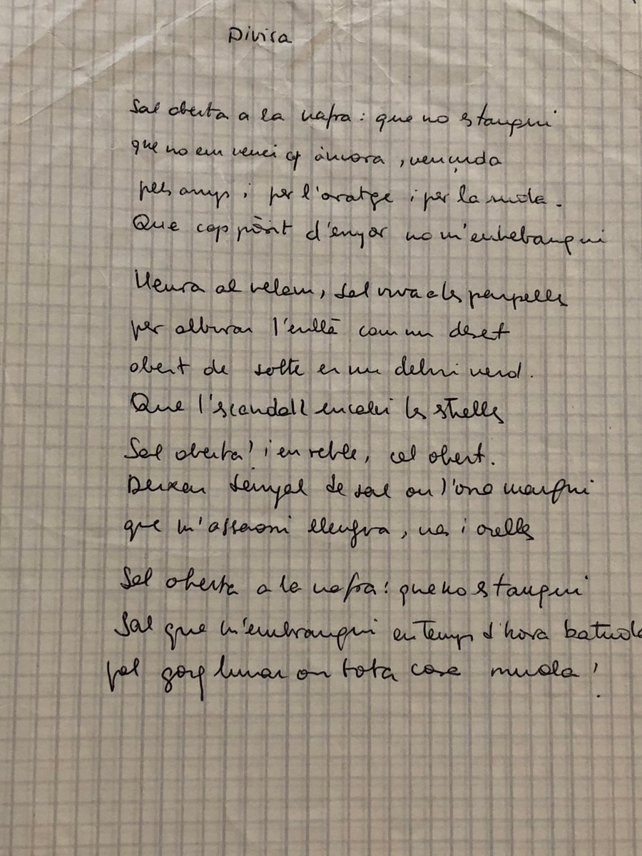 BiblioCatalunya's tweet photo. "Sal oberta a la nafra: que no es tanqui
que no em venci cap àncora vençuda
pels anys i per l'oratge i per la ruda.
Que cap pòsit d'enyor no t'entrebanqui."
Divisa de Maria Mercè Marçal, del poemari Sal oberta #DijousDePoesia
(Top.: Fons M. Mercè Marçal, Capsa 3) https://t.co/V5RPpvUWlo