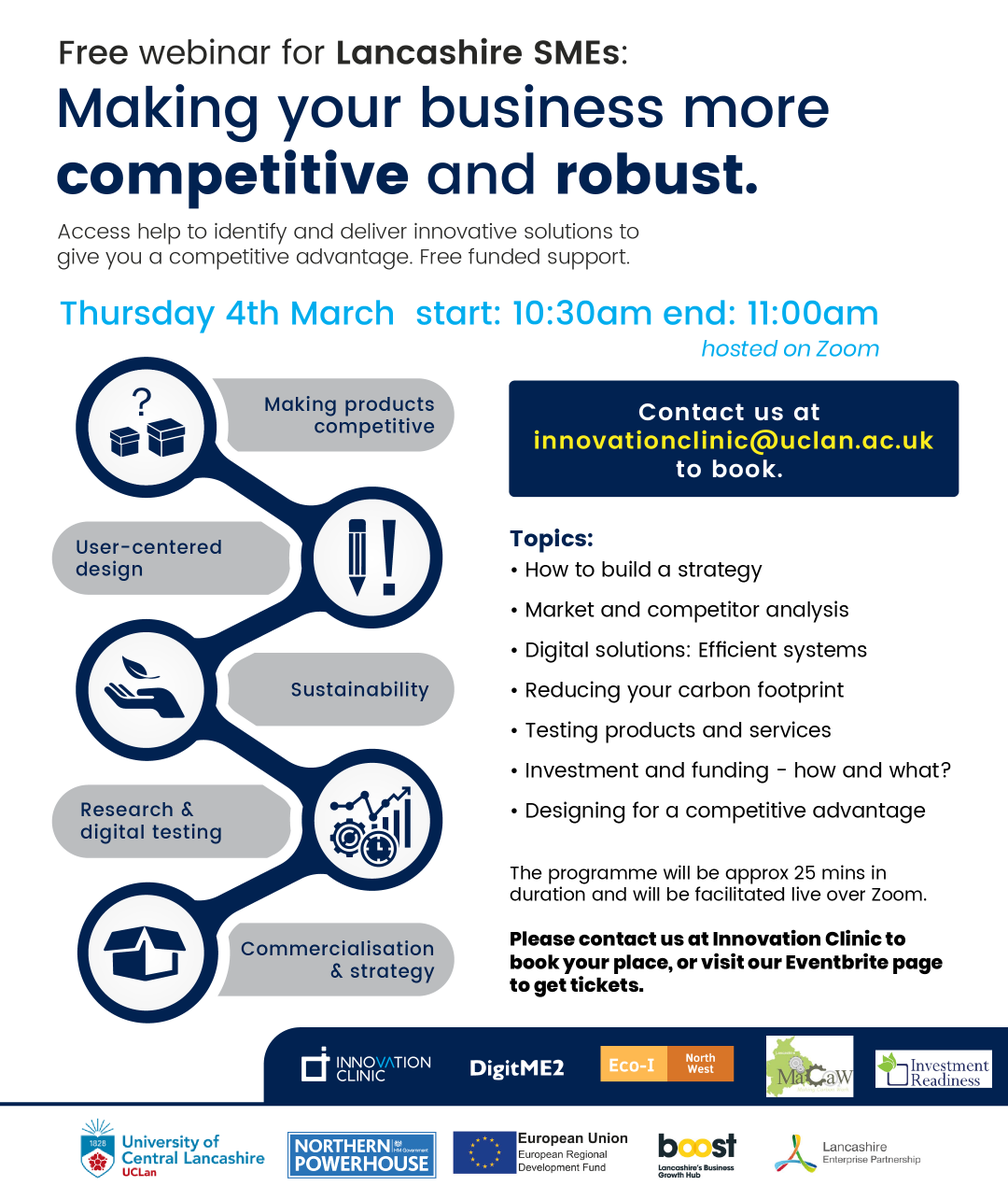 innoclinic_team's tweet photo. Are you an small or medium business in Lancashire?

We’ll be hosting a free, 30 minute Zoom webinar on Thursday 4th of March.

Register your interest here: https://t.co/vm29zRmco1

Or drop the team an email: innovationclinic@uclan.ac.uk

#lancashirebusiness #smallbusinessmatters https://t.co/c5eGV3O60i
