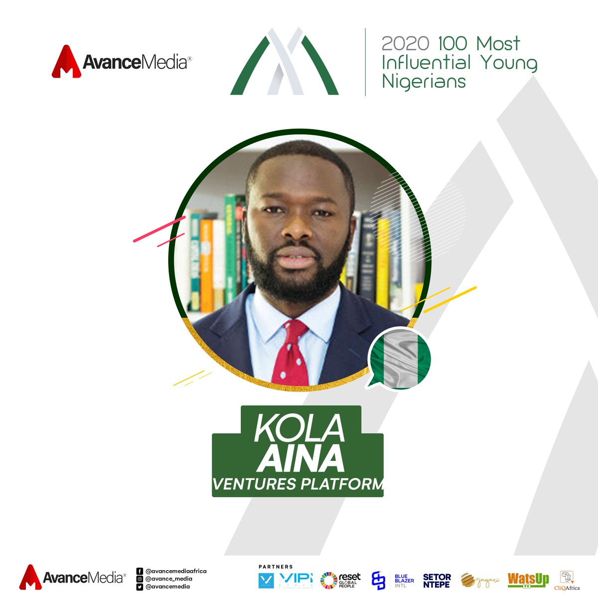 <a href="/kola_aina/">Kola Aina</a> -  <a href="/vplatformhub/">Ventures Platform Hub</a>

Congrats on being ranked among Avance Media's 2020 100 Most Influential Young Nigerians.

More details available on avancemedia.org/blog

#100MIYN #AvanceMedia #YoungNigerians