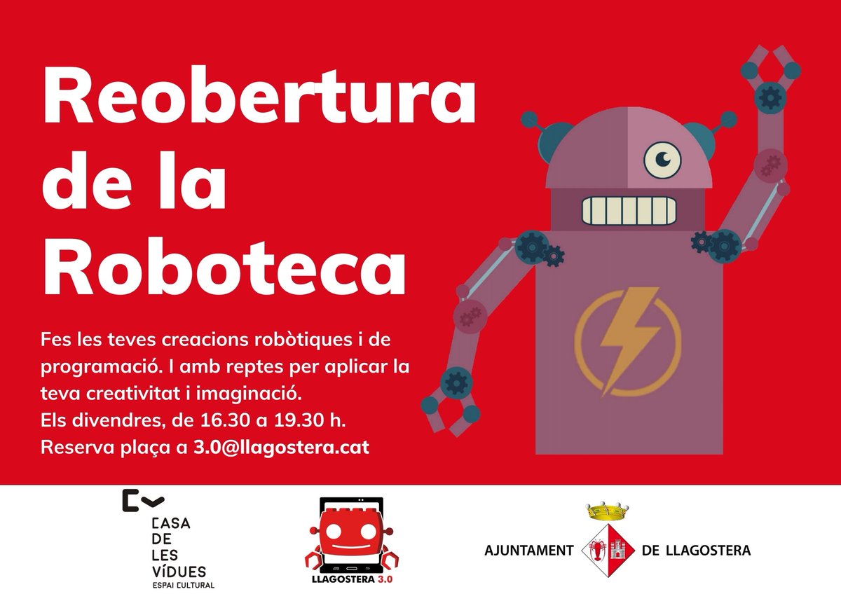 llagosteraldia's tweet image. 🤖Aquest divendres, 26 de febrer, reobertura de la #Roboteca, el centre de recursos tecnològics de #Llagostera. Cada divendres, de 16.30 a 19.30 h, a la Casa de les Vídues.

💻Reserva la teva plaça a 3.0@llagostera.cat.

😷Ús de la mascareta obligatori.

👉🏼llagostera.cat/noticies/1308/…