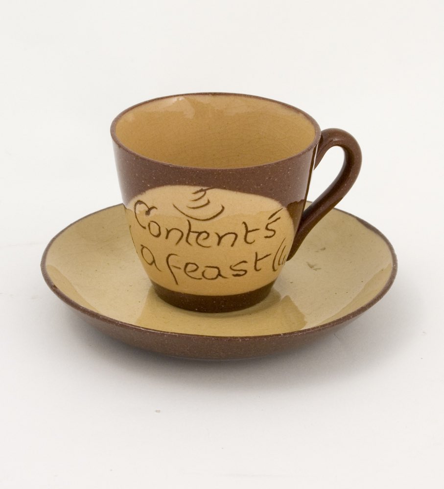 Dick_Institute's tweet photo. @LancasterMuseum Here's our #LocalPottery, a wee Cumnock teacup and saucer with ‘contents a feast’ handpainted on the side. Don't know about you’s but we're gasping for our elevenses cuppa now! https://t.co/g0U49emhJk
