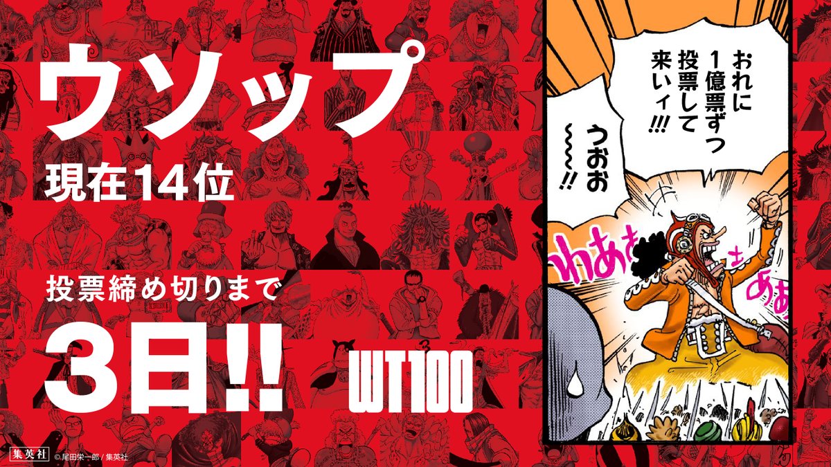 One Pieceスタッフ 公式 Wt100 Top 100 Mondial Des Personnages Les Plus Populaires Plus Que 3 Jours Avant La Fin Des Votes La Ligne D Arrivee Est Juste La Soutenez Votre Personnage One Pieceスタッフ 公式 Wt100 Top 100 Mondial Des Personnages Les Plus Populaires Plus Que 3 Jours Avant La Fin Des Votes La Ligne D Arrivee Est Juste La Soutenez Votre Personnage