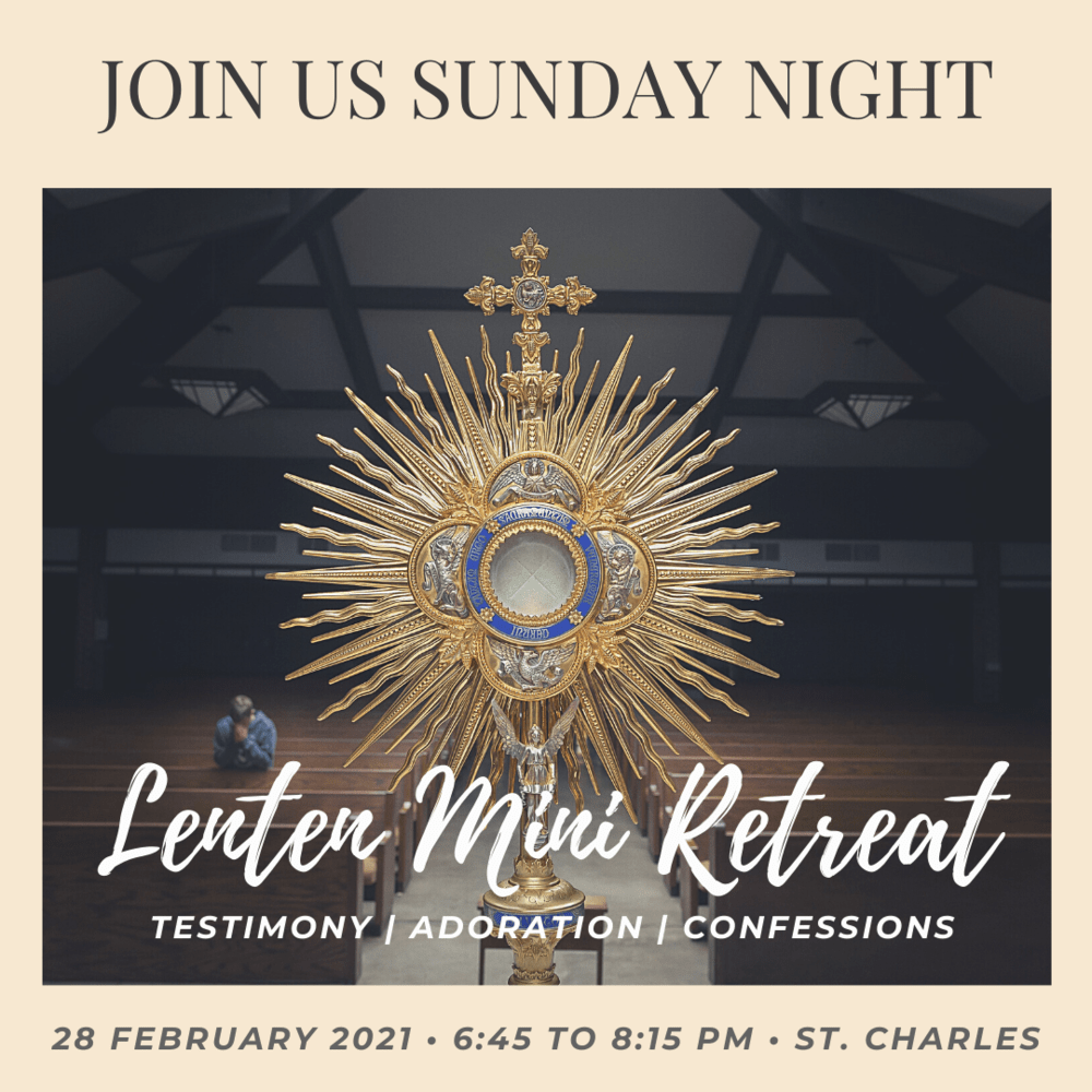 stcharleslima's tweet photo. St. Charles Borromeo
Month at a Glance

Lenten Mini-Retreat
Join us Sunday night in the Church from 6:45 - 8:15 pm for an inspiring witness,
adoration, confessions, and prayer to continue to grow in holiness this Lent.
All are welcome and w... Read more at https://t.co/80tbiTBCtk https://t.co/RWAEQO4SFM
