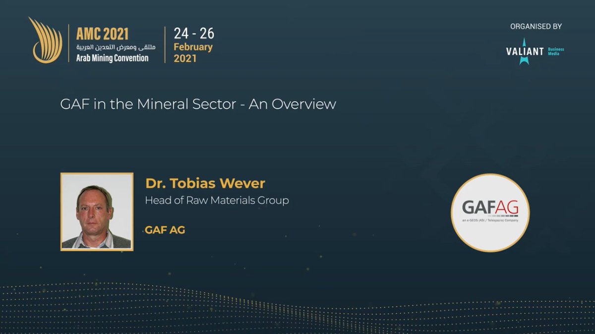 arabminingcon's tweet image. Dr. Tobias Wever, Head of Raw Materials Group, @GAF_Munich is speaking at #AMC2021 about the role of GAF in the mineral sector.

Tune in now, visit: arabminingconvention.vfairs.com

#miningindustry #mining #miningtechnology #virtualconferences #arabmining  #amc2021