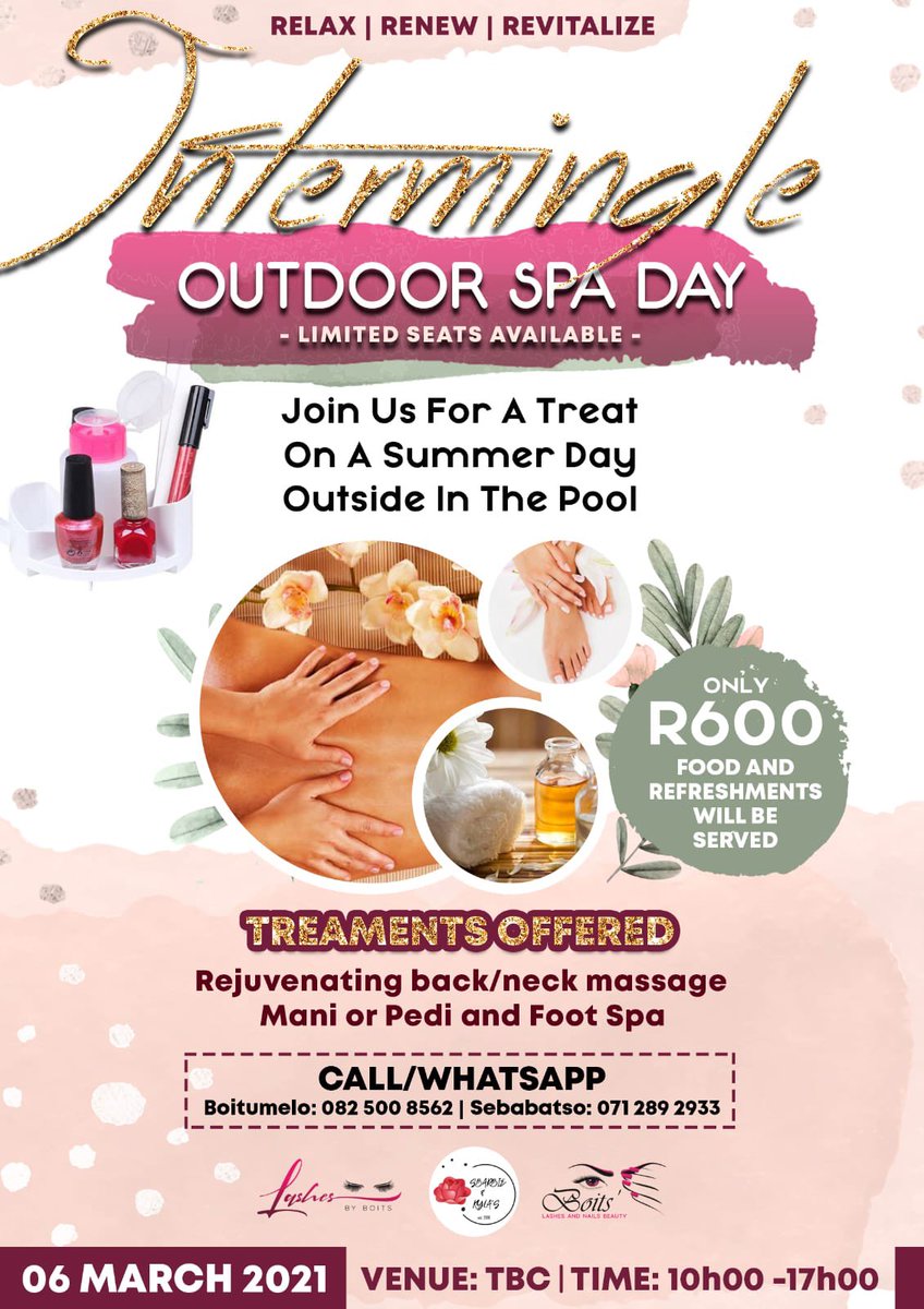#Bloemfontein
#BloemTwitter 
#OutdoorSpa 

We will be adhering to all COVID-19 protocols. 🌸