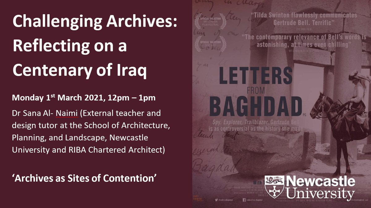 Today is the first day of our 'Challenging Archives: Reflecting on the Centenary of Iraq' talks.

At 12pm today, Dr Sana Al-Naimi,  will be delivering her talk titled 'Archives as Sites of Contention'!

Interested? Complete this form to  receive Zoom info: bit.ly/3pvNWX3