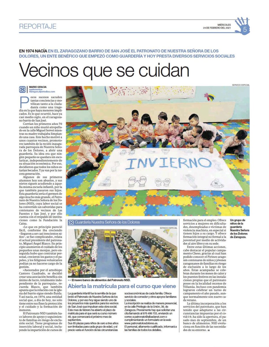 ChesoSocial's tweet image. El Patronato N.S.D. ha salido hoy en el Periódico de Aragón, donde podemos leer los múltiples servicios que ofrece, sobre todo a los sectores más desfavorecidos y que más lo necesitan. Habla especialmente de la Guardería infantil Social