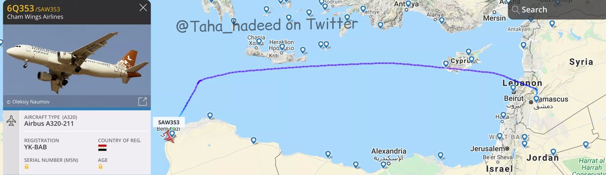 taha_hadeed's tweet photo. A new batch of Syrian mercenaries arrived at dawn Today 24 Feb 2021 to eastern #Libya support of #Haftar militias coming from #Syria by Cham Wings Airlines punished from USA for transporting weapons, Airbus A320 YK-BAB #SAW353 left #Damascus and landed in #Benghazi at 04:30 UTC https://t.co/blXcRdIft8