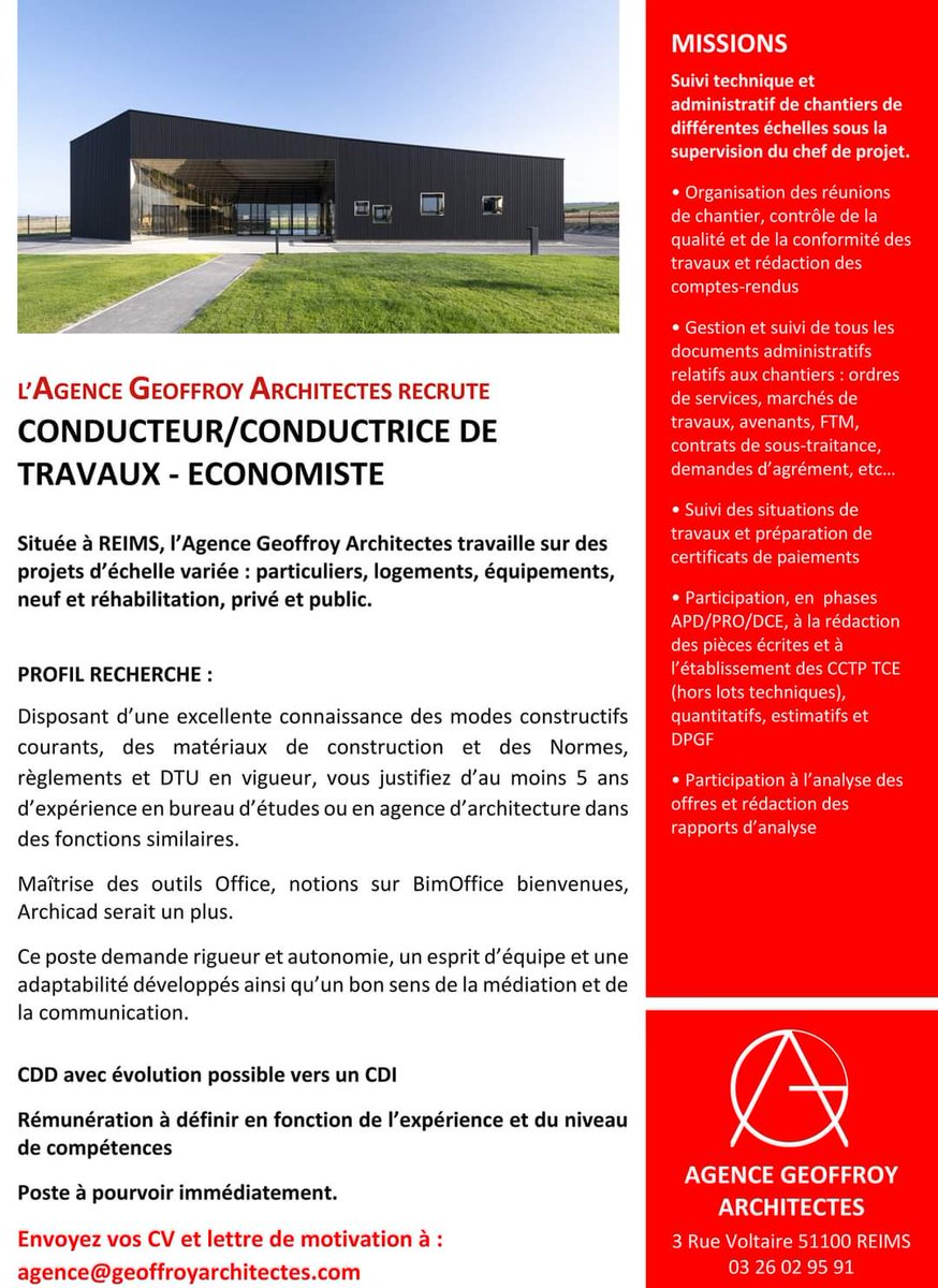 Nous sommes à la recherche de celui ou celle qui rejoindra notre équipe pour assurer le suivi de nos chantiers! 

Vous correspondez au profil? Envoyez nous votre candidature à: agence@geoffroyarchitectes.com

#reims #architecture #offredemploi #chantier #agencegeoffroyarchitectes