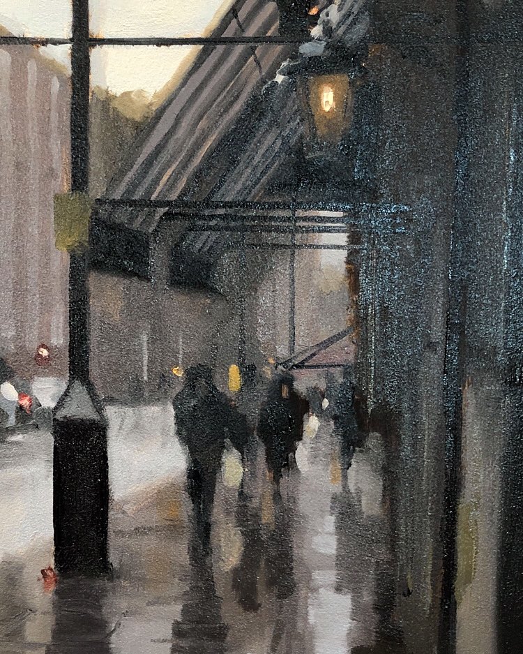 Here’s a little detail taster from the latest Manchester work. Coming soon. Watch this space. @contemporarysix #oilpainting #manchester #art #albertschloss #reflections #wetpavement #sillouette