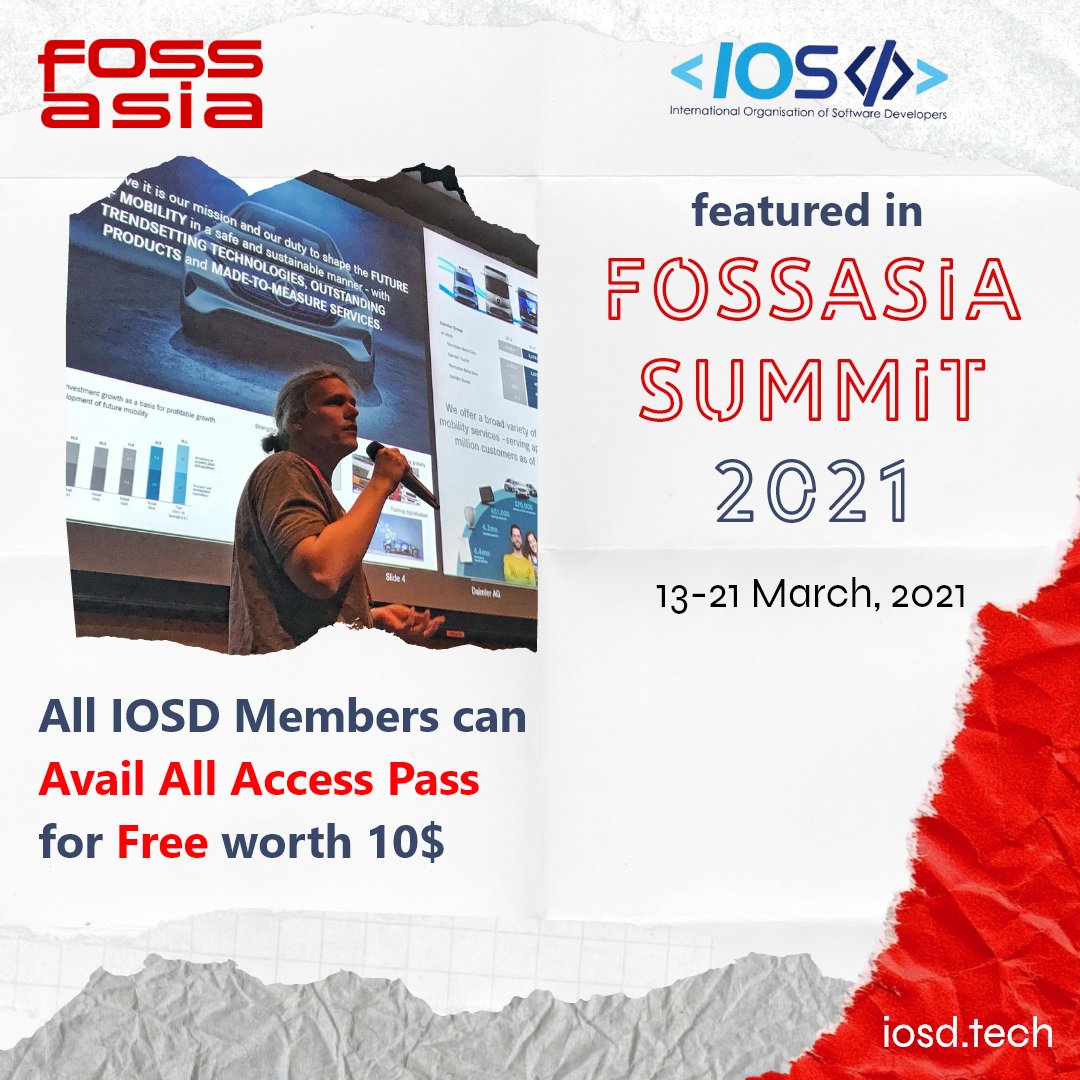 IOSD is a part of <a href="/fossasia/">FOSSASIA</a>  Summit 2021 and hence you can register and  get exclusive All Access Pass worth US$ 10, totally FREE of cost.
Register Now : bit.ly/iosdfossasia21 
<a href="/fossasiasg/">FOSSASIA Summit</a> <a href="/hpdang/">Hong Phuc Dang</a>