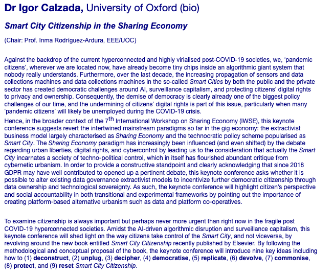 🔛Today 14:30 CET

I'll deliver #keynote conference

#SmartCityCitizenship in the #SharingEconomy

Sharing Cultures 7th #IWSEBarcelona 

lnkd.in/eZwC-Dw

lnkd.in/ddaHkYP

#SharingEconomyUOC #SmartCities #Citizenship #AI  #DigitalRights #Cooperatives #GDPR #COVID19
