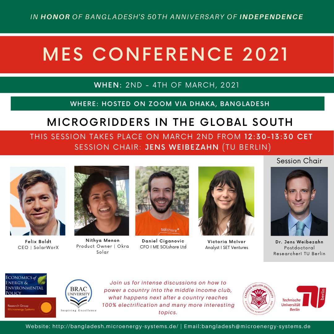 **Session Intro**

Microgridders in the Global South

Register now for the free #MES2021 Conference from March 2nd to 4th at tinyurl.com/registrationDh….

 #energy #microgrid #globalsouth #conference #sustainable <a href="/SolarworxEnergy/">Solarworx</a> <a href="/TUBerlin/">TU Berlin</a> <a href="/MESOL_share/">SOLshare Ltd.</a>