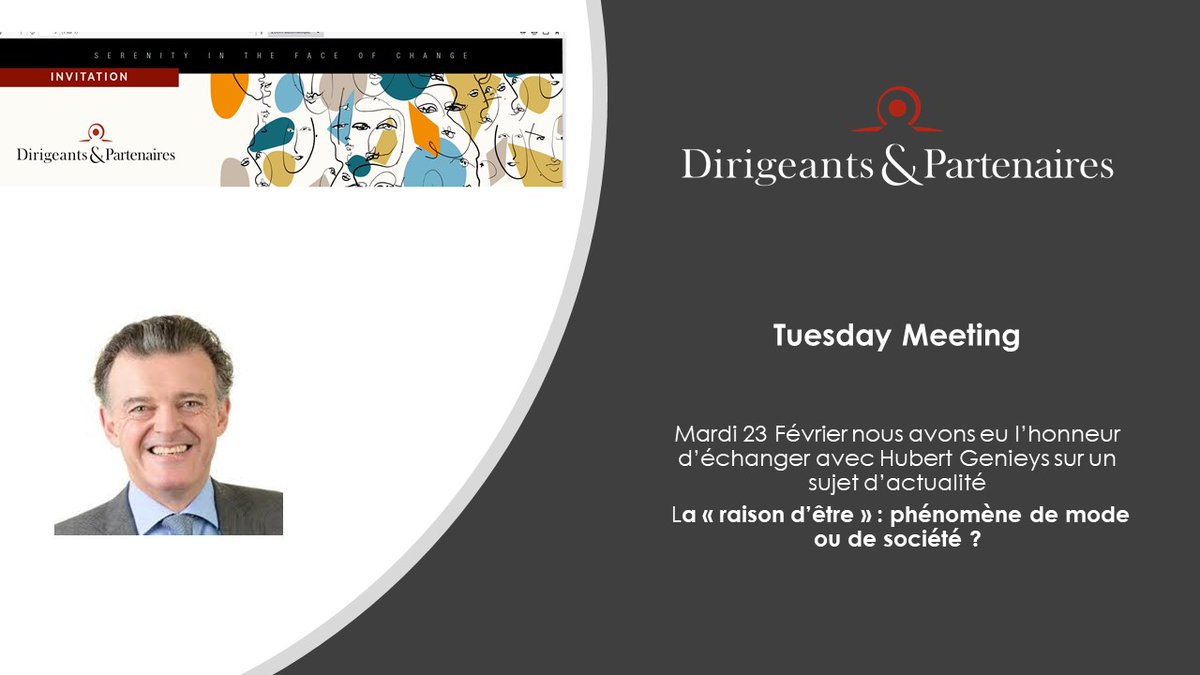 Lors de notre dernier Tuesday Meeting Hubert Genieys a parfaitement illustré comment la définition d'une raison d'être au sein de l'entreprise intègre, au-delà des enjeux de développement durable, un ensemble d'enjeux sociétaux, dans lesquels elle prend sa part de responsabilité.