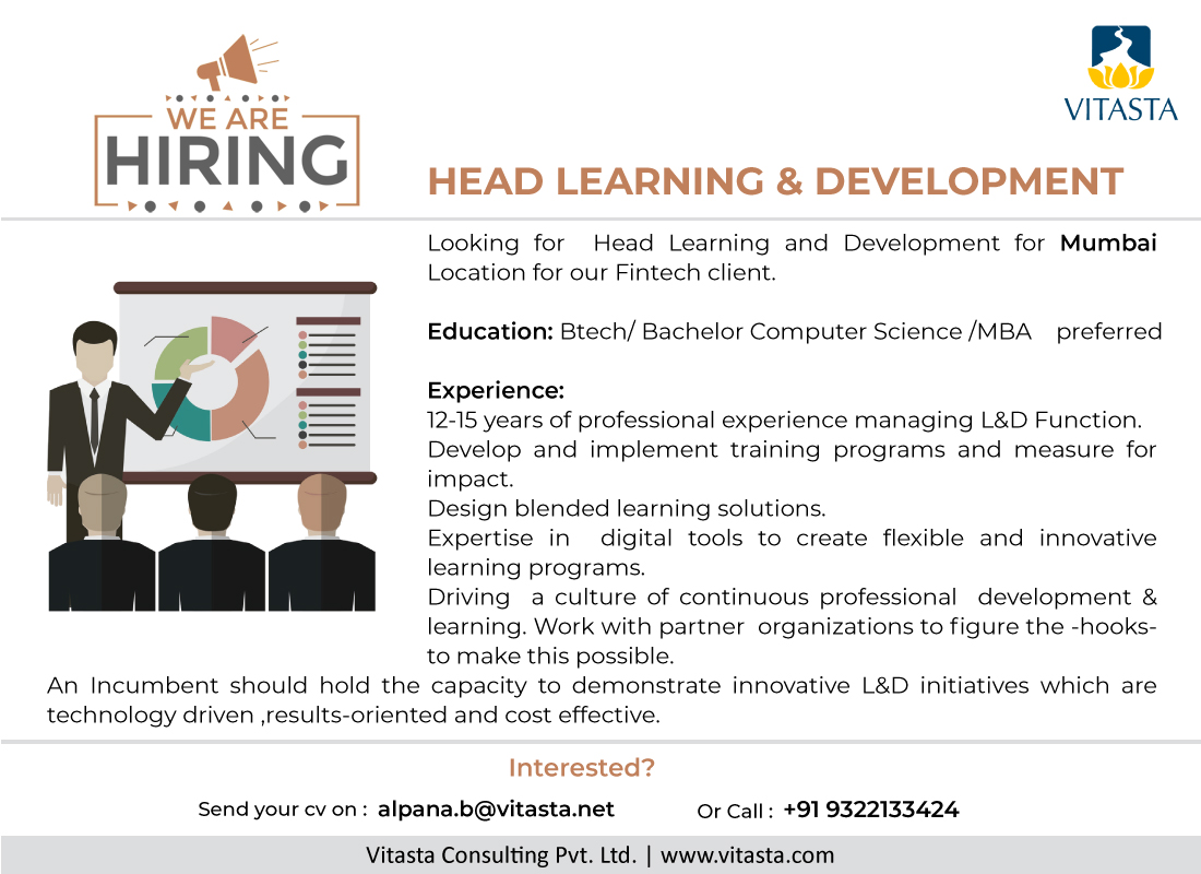 VitastaConsult's tweet photo. Looking for Head Learning and Development for Mumbai Location for our Fintech client.

#LearningAndDevelopment #learning https://t.co/Rki2wCjaOU