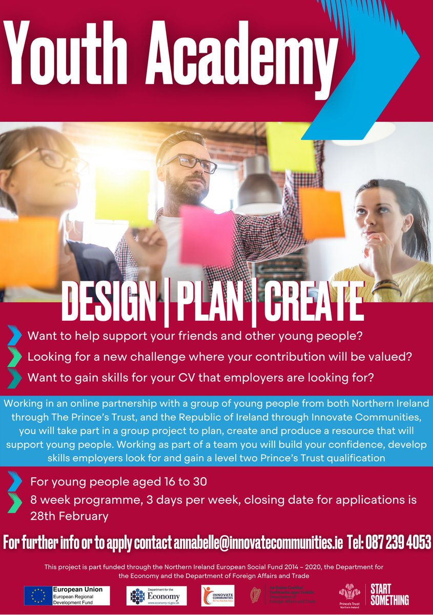 If you are aged between 16 to 30 and not working, the Youth Academy Programme is for you! We empower you to discover your potential and abilities, and better equip you for employment or self-employment!  For more information or to sign up, contact annabelle@innovatecommunities.ie