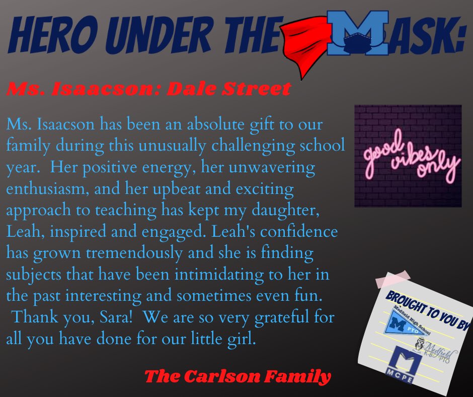 Medfield K-8 PTO (@medfieldk8pto) on Twitter photo Todayโs ๐๐๐ง๐ค ๐๐ฃ๐๐๐ง ๐๐๐ ๐๐๐จ๐ is Sara Isaacson. 4th Grade Teacher at Dale! Thank you to the Carlson family for recognizing her energy, enthusiasm and excitement! And of course thank you to <a href="/msisaacson/">Sara Isaacson</a> for all you do! #OneMedfield #HeroesUnderTheMask <a href="/s_grenham/">Stephen Grenham</a> Todayโs ๐๐๐ง๐ค ๐๐ฃ๐๐๐ง ๐๐๐ ๐๐๐จ๐ is Sara Isaacson. 4th Grade Teacher at Dale! Thank you to the Carlson family for recognizing her energy, enthusiasm and excitement! And of course thank you to <a href="/msisaacson/">Sara Isaacson</a> for all you do! #OneMedfield #HeroesUnderTheMask <a href="/s_grenham/">Stephen Grenham</a>
