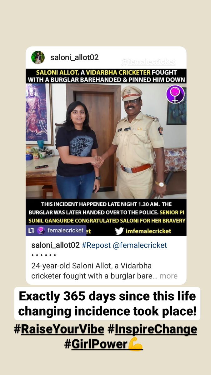 A year since, I fought with a burglar and sent him to jail! I added this to my bucket list with a ✅!
Never knew I could do this, but so proud of my wicketkeeper instincts!!#RaiseYourVibe #InspireChange #GirlPower #WomenEmpowerment #LetYourGirlsPlay #SportForAll