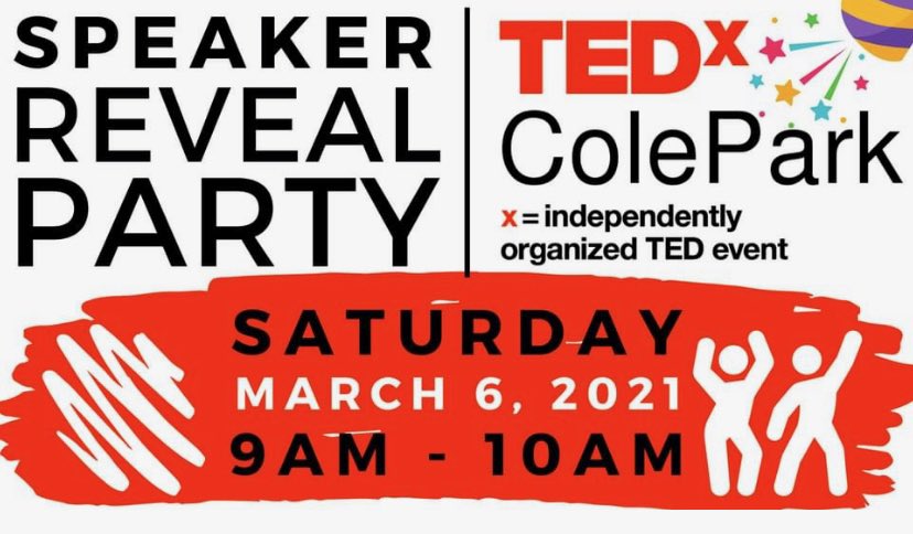 DrTammyFrancis's tweet photo. On Saturday, March 6, 2021, at 9 am, we will reveal the selected speakers to TEDxColePark - May 2021 event to the public.

STREAMING LIVE: https://t.co/Q08hO7UeY9 

For more information: https://t.co/xWPVETNoNV

#tedxcolepark #tedx #speakers #drtammyfrancis #eventcurator #ted https://t.co/2XsnoMRaXV
