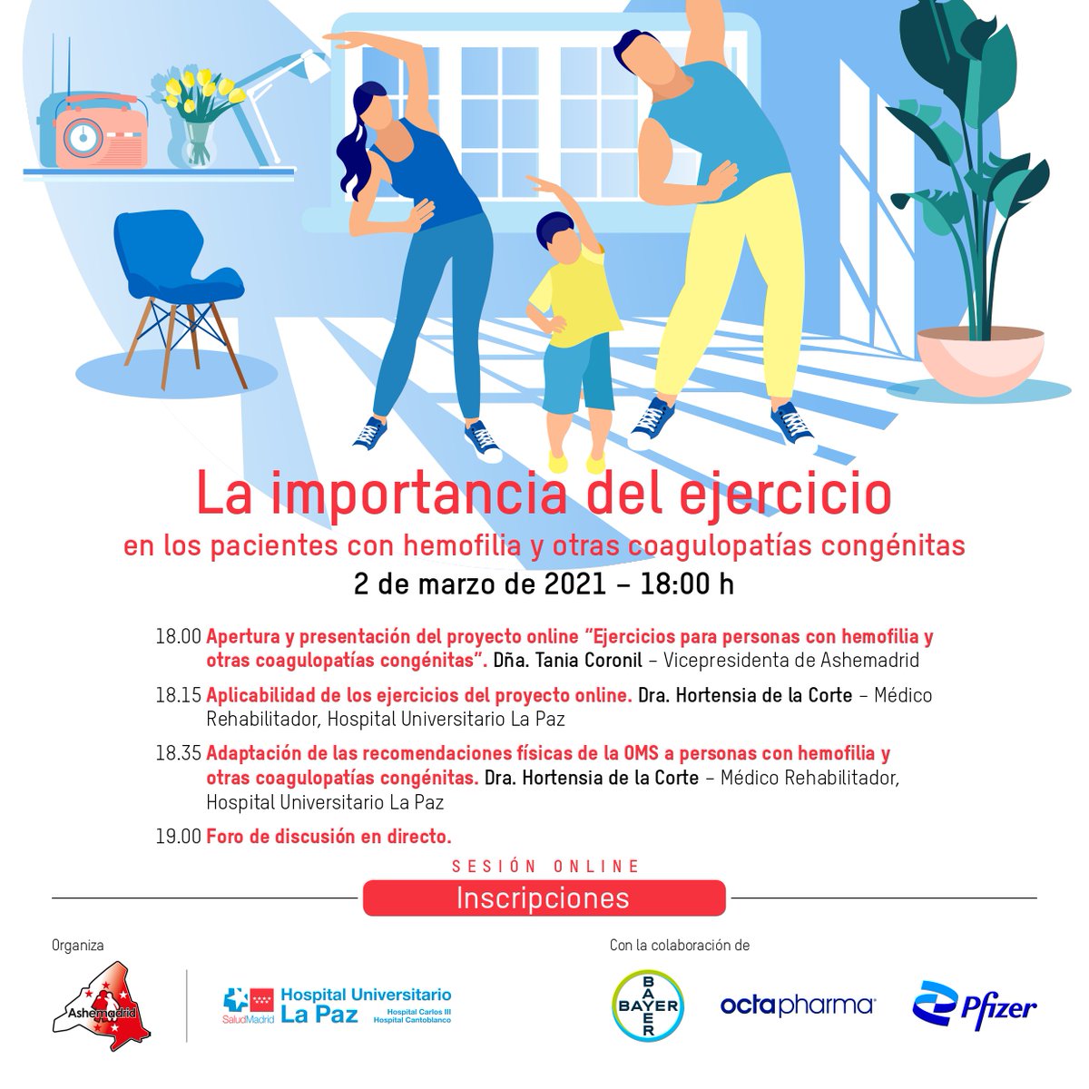Desde <a href="/hemofiliamadrid/">Ashemadrid</a> y el #HospitalLaPaz organizan unas sesiones sobre la importancia del ejercicio en pacientes con #hemofilia y otras #coagulopatías.

📅 2 de marzo
🕜 18.00 h

Con la colaboración de #OctapharmaEspaña. Os podéis inscribir aquí: bit.ly/3bCofPt
