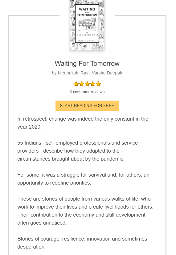 StJohnsResearch's tweet photo. Ms. Meenakshi Ravi, #MediaConsultant @CAREADDatSJNAHS has written a book titled #WaitingForTomorrow. 

Book brings out strong stories of courage, resilience, innovation &amp; sometimes desperation. 

Trial version available on @KindleIndia: https://t.co/4ZTZZ7Ln06 https://t.co/pluQxolkMJ