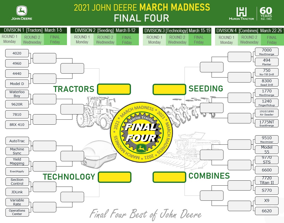 Huron Tractor Ltd (@hurontractorltd) on Twitter photo <a href="/HuronTractorLtd/">Huron Tractor Ltd</a> presents John Deere #MarchMadness2021. Starting March 1st, watch for our Twitter polls on Tractors, Seeding, PrecisionAg & Combines, as YOU determine the #FinalFour Best of #JohnDeere. hurontractor.com/marchmadness/ <a href="/HuronTractorLtd/">Huron Tractor Ltd</a> presents John Deere #MarchMadness2021. Starting March 1st, watch for our Twitter polls on Tractors, Seeding, PrecisionAg & Combines, as YOU determine the #FinalFour Best of #JohnDeere. hurontractor.com/marchmadness/