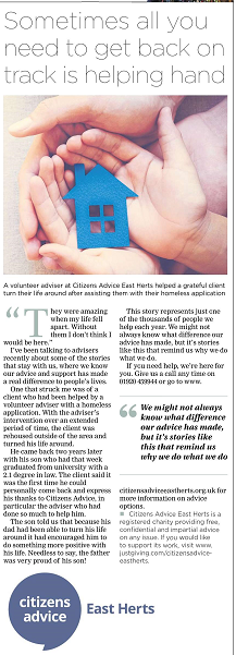 EastHertsCAB's tweet photo. Thank you @StortfordIndie
for helping us raise awareness of our service. This week's paper includes the amazing story of how we were able to help a homeless man get his life back on track and the difference this made to his family. 

#findawayforward #freeadvice #community https://t.co/w9iJt7FGOT