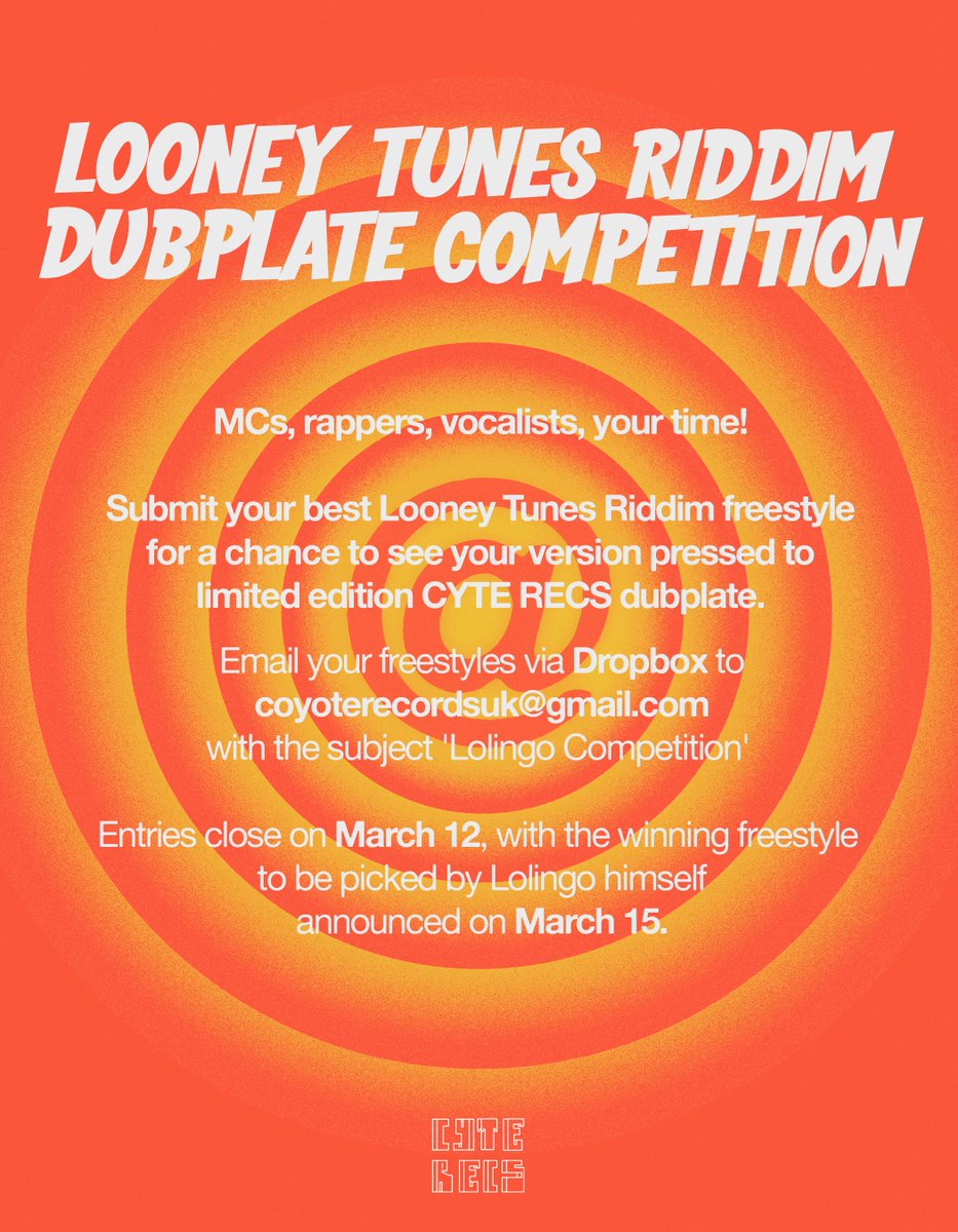 There will be a limit 30 copies of the dubplate for sale after the 12th of March! 📅💽

So if you want a chance to feature join the competition. 

I'm only picking the sickest entry to win!
Doesn't matter who you are!
If I think you've spun Looney Tunes Riddim I'm picking you!