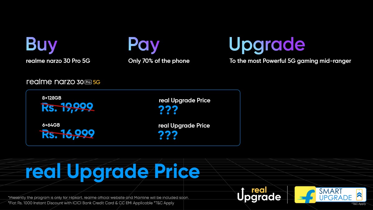 The only 5G smartphone in the price segment, that too at #realUpgrade Price!

Do you guys know the prices of both variants of #realmeNarzo30Pro5G with the real Upgrade Program?

RT & reply using #Narzobyrealme.