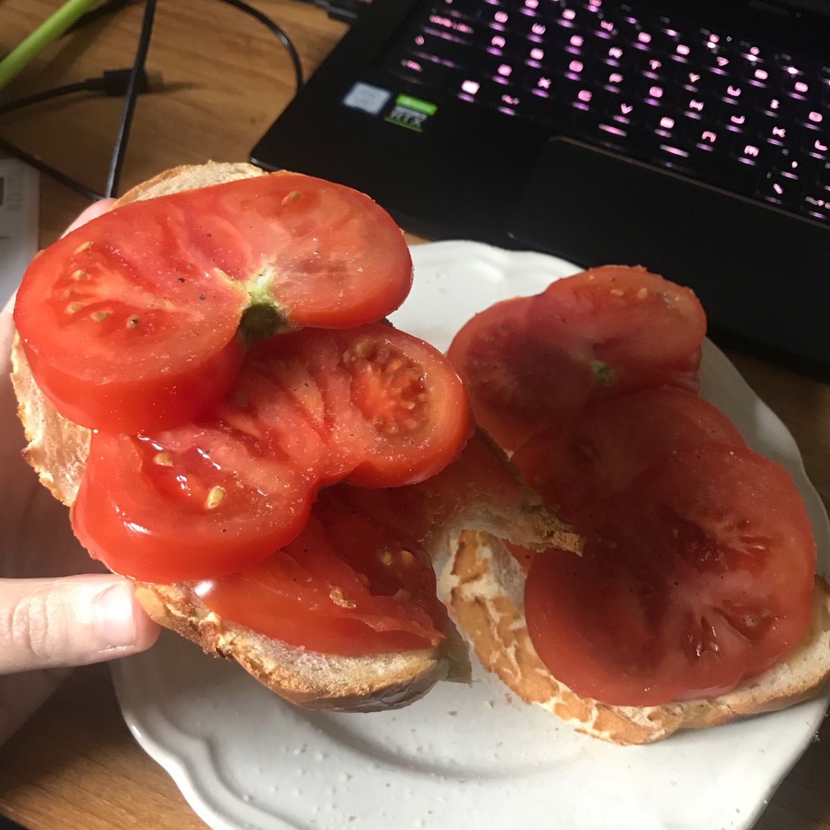 The push for improv social media content in lockdown is getting a bit dire.
So... Hey everyone... Most dubious improvised food choice?? 
I present: pizza. (It’s warm tomato on bread, what more do you want???) - E