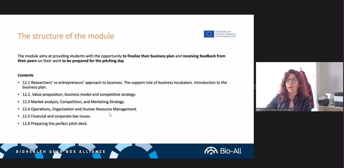 The last module, M12 The Business Plan is presented by <a href="/ElenaPiccinato/">Elena Piccinato</a>, from <a href="/FriuliInnovazio/">TEC4I FVG</a>.

It is amazing to havesuch set of experienced professionals helping our student to develop their #startups in the <a href="/BioAllGearbox/">Bio-All</a> postgraduation.

ugremprendedora.ugr.es/masterbioall

#BioHealth