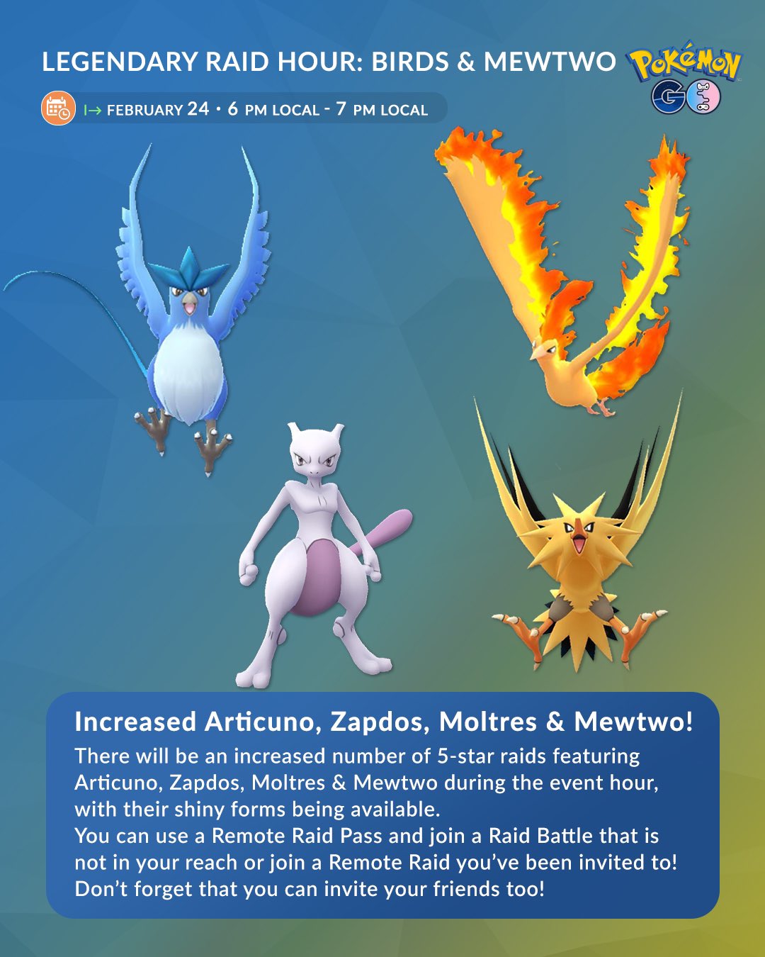 Jogada Excelente on X: Articuno, Zapdos, Moltres e Mewtwo serão os novos  Chefes de Reides 5 Estrelas. Confira os melhores counters para enfrentá-los  e se prepare! Data: 20/02 às 9h a 01/03