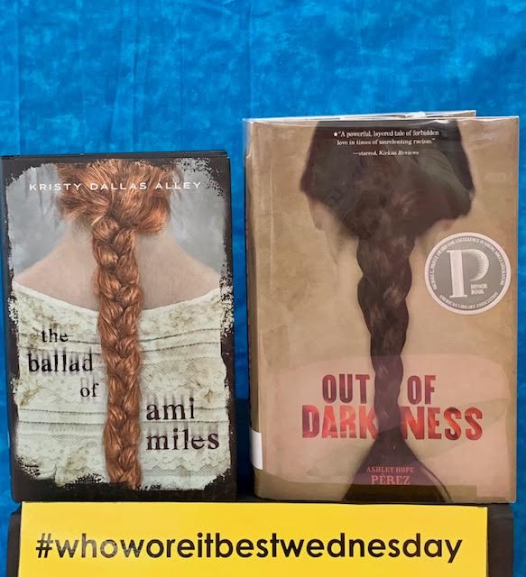NNHSLibrary's tweet photo. Hair it is: Our #WhoWoreItBestWednesday book cover tussle is all about braids! Do you like the ginger plait of #TheBalladofAmiMiles or the inky twist of #OutofDarkness? We'll weave it up to you to decide! #yacovers #yabooks #badpuns @KristyDAlley @AshleyHopePerez https://t.co/T26XsBKMYh