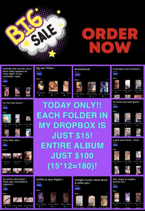 Dropbox sale TODAY ONLY! Each of my 12 folders is just $15 ea! Entire Dropbox is just $100 (norm $180)<a href="/tag/onlyfans"class="tags"><span>#onlyfans</span></a><a href="/tag/premiumsnap"class="tags"><span>#premiumsnap</span></a><a href="/tag/sellingcontent"class="tags"><span>#sellingcontent</span></a><a href="/tag/buyin"class="tags"><span>#buyin</span></a>