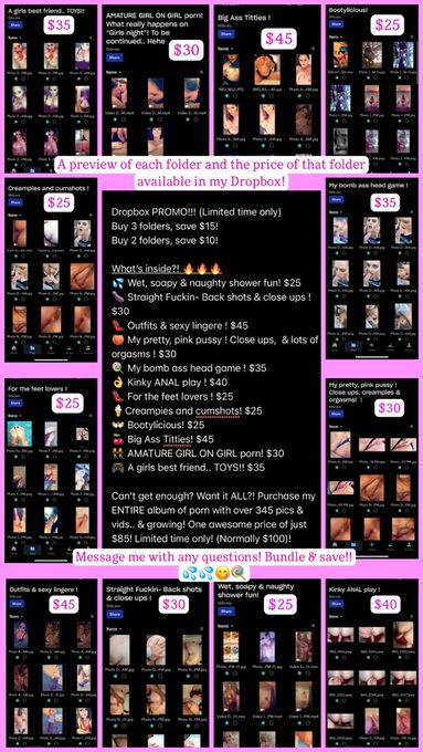 Dropbox sale TODAY ONLY! Each of my 12 folders is just $15 ea! Entire Dropbox is just $100 (norm $180)<a href="/tag/onlyfans"class="tags"><span>#onlyfans</span></a><a href="/tag/premiumsnap"class="tags"><span>#premiumsnap</span></a><a href="/tag/sellingcontent"class="tags"><span>#sellingcontent</span></a><a href="/tag/buyin"class="tags"><span>#buyin</span></a>