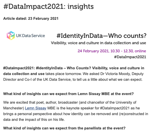 dr_delle's tweet photo. Delighted I decided 2join #DataImpact2021 despite teaching pressures. Fantastic #criticaldatastudies keynote+panel on enhancing marginalised group visibility &amp; including their experiences as self-identified(!), intersectionality #IdentityInData  #CriticalQuant #SocialJusticeQuant https://t.co/HavEBvY6JA