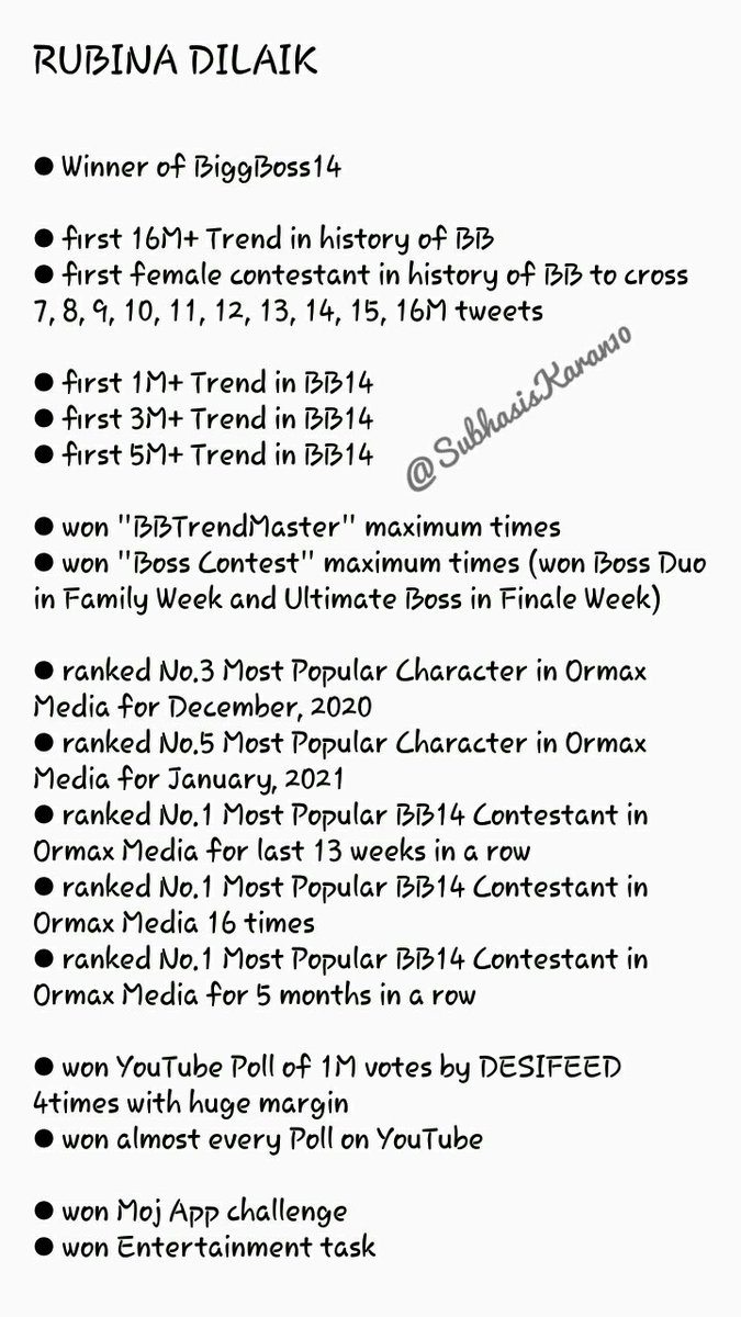 KrishnaGlory's tweet photo. @RubiDilaik  here is the list of your achievements in bigg boss 
Also You are Highest voted contestant Every week 

Your every Trend and Activity was big Hit and successful 

#AskRubi https://t.co/iB1NK2WnAW