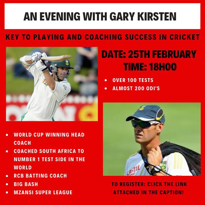🏏An Evening with Gary Kirsten🏏 

📝 Key to Playing &amp; Coaching Success
🗓 25th Feb 
⏰ 1800
📍 Zoom

⬇️ Click on the link to register. 

ncuclublife.membersportal.co

#NCUClubLife #SportingClubs