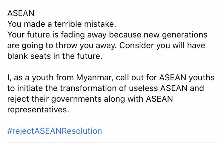 YadanaWint's tweet photo. I as a youth from Myanmar call out for ASEAN youths to initiate the transformation of useless ASEAN and reject their governments along with ASEAN representatives.
#rejectASEANResolution #ASEAN #MyanmarSpring #ASEANSpring https://t.co/Rm84rzzOEq