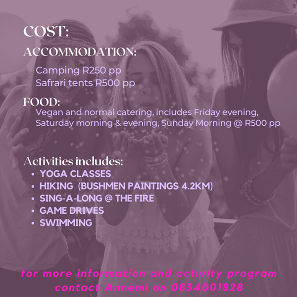 LodgePrivate's tweet photo. Almost sold out so hurry up and be part of this amazing weekend celebrating Womanhood with Tasché Burger (2019 The Voice winner)
#ladiesweekend #Ladies #EXCLUSIVE #activities #girlsonly #womanhood #gamedrives #hiking #swimming #yoga #Foodies #camping #chalets https://t.co/oRbXZ9VBq0