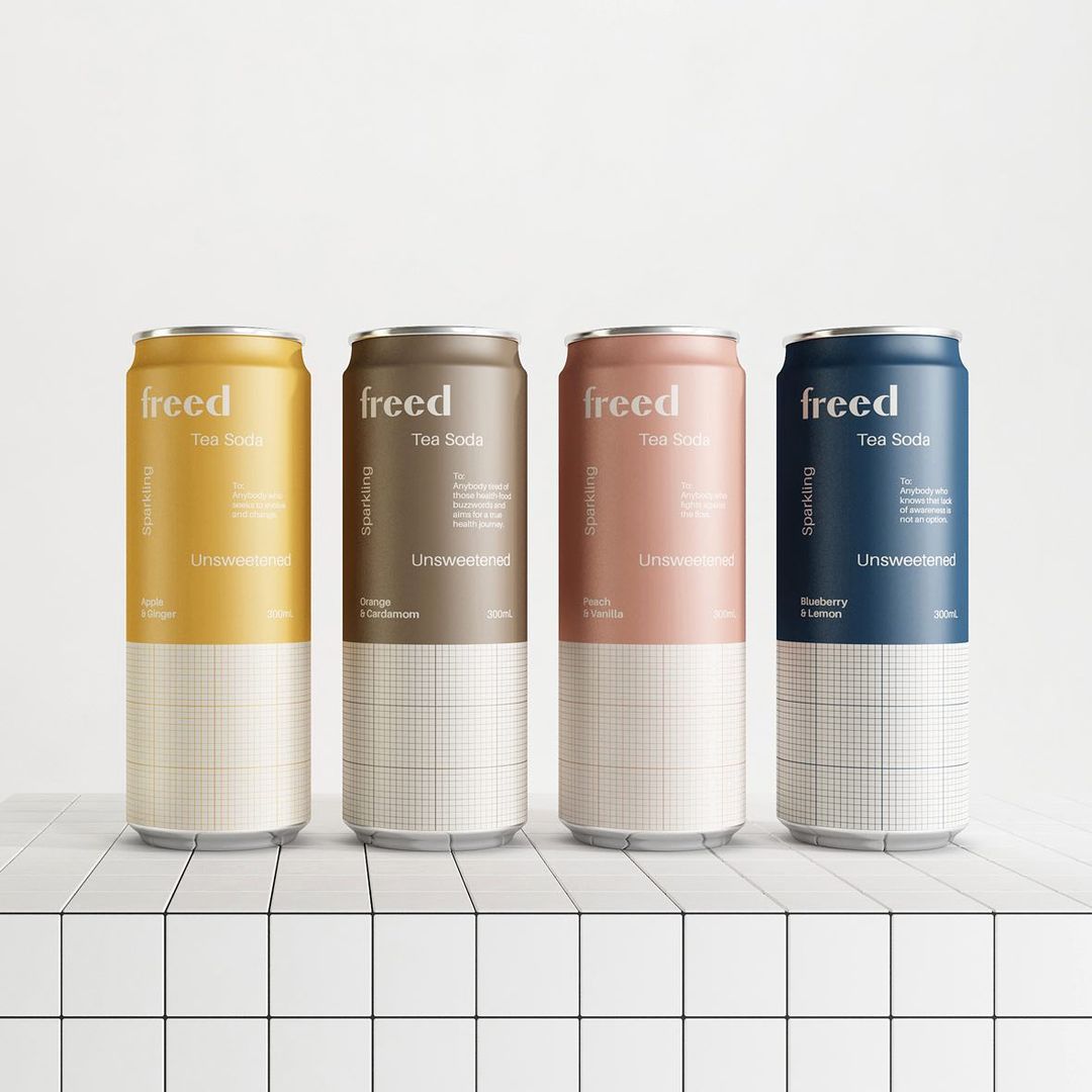 PENTAWARDS's tweet photo. @wemakebardo branding &amp; packaging design for Freed Beverages tea soda. A minimal, clean approach to layout mixed with rotation and off-grid graphic elements and bold statements results in a balanced chaos and 'deconstructed' form to create a unique and exquisite visual identity https://t.co/S0AW9pI9xs