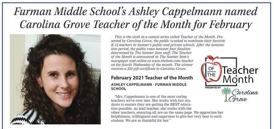 SumterSCSchools's tweet photo. Congratulations to Ashley Cappelman for being named the Carolina Grove Teacher of the Month! #SumterStrong @FurmanMiddle @DrPenK @ACappelmann https://t.co/pI7ZzCoefp