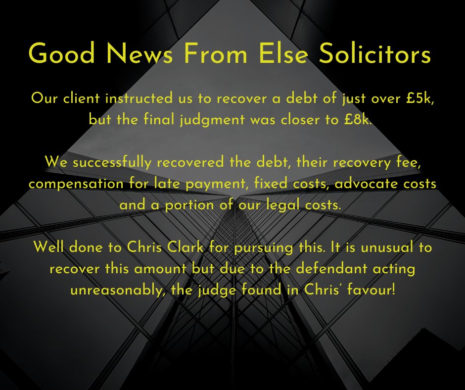One of our new recruits, Chris Clark, has really hit the ground running and is already achieving outstanding victories for our clients.

Huge congratulations Chris, keep up the good work!

#LegallySpeaking #InvestingInTheFuture #DebtRecovery