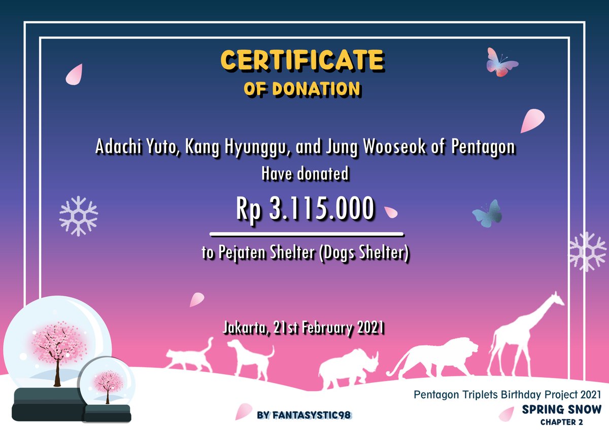 fantasystic98's tweet photo. [DONATION]

Thank you for all Universe who joined #SpringSnowChapter2 💙 The total donation we collected was Rp 6.230.000 (441.8$) in February😊

As promised we donated to Pejaten Shelter and PKBSI under name Pentagon Yuto, Kino and Wooseok @CUBE_PTG

#펜타곤 #유토 #키노 #우석 https://t.co/DVjyP0hiyS