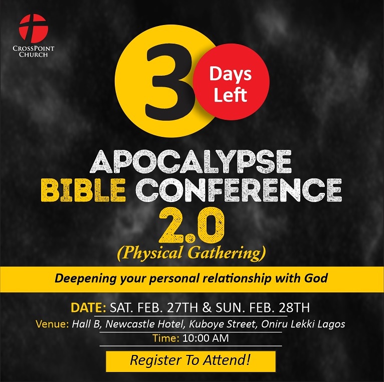 CrossPointLagos's tweet photo. 3 days to go to the start of this great conference 💃🏾🕺🏿 

Pray, prepare and plan to attend. Encourage a loved one to register.

Kindly click on the link to register to attend https://t.co/IyyMqssFuy

#GodisLove 
#CrossPointLagos 
#crosspointchurch 
#ApocalypseBibleTraining https://t.co/Qm82Z7JJMj
